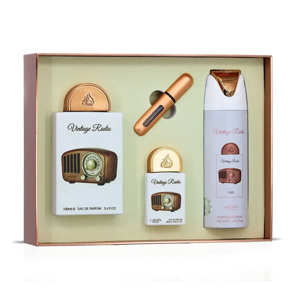 Lattafa-Pride Vintage Radio 3pc Gift Set Includes 3.4 Edp, .67 Edp & Body Spray